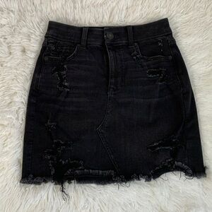 American Eagle Black Distressed Curvy High Rise Mini Denim Skirt